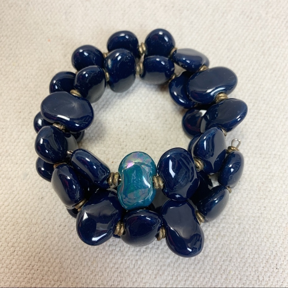 Blue teal glazed ceramic bead memory wire double wrap bracelet
